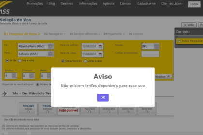 Simulação de compra de passagem em trecho de Ribeirão Preto (SP) para Salvador (BA) no site da Voepass — Foto: Reprodução