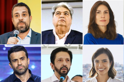 Candidatos à Prefeitura de São Paulo (à partir da esq. acima): Guilherme Boulos, José Luiz Datena, Marina Helena, Pablo Marçal, Ricardo Nunes e Tabata Amaral — Foto: Fotos: Divulgação e  Renato Pizzutto/Band