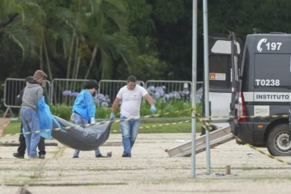 Corpo de Francisco Wanderley Luiz é retirado pelo IML em Brasília um dia após as explosões — Foto: Eraldo Peres/AP