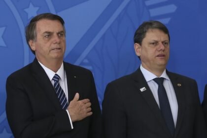 O ex-presidente Jair Bolsonaro e o governador de São Paulo, Tarcísio de Freitas — Foto: José Cruz/Agência Brasil