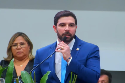 Prefeito de Belém, Igor Normando (MDB) discursa em cerimônia de posse — Foto: Reprodução/YouTube - Câmara Municipal de Belém